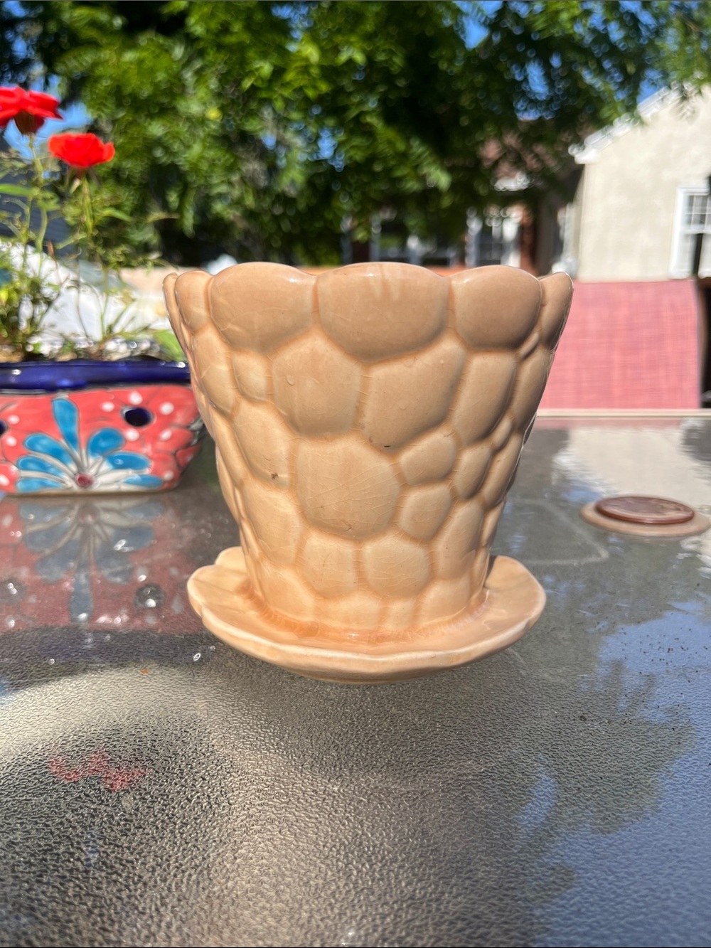 McCoy Peach‎ Ceramic Honeycomb Pebbled Planter with Saucer 5”